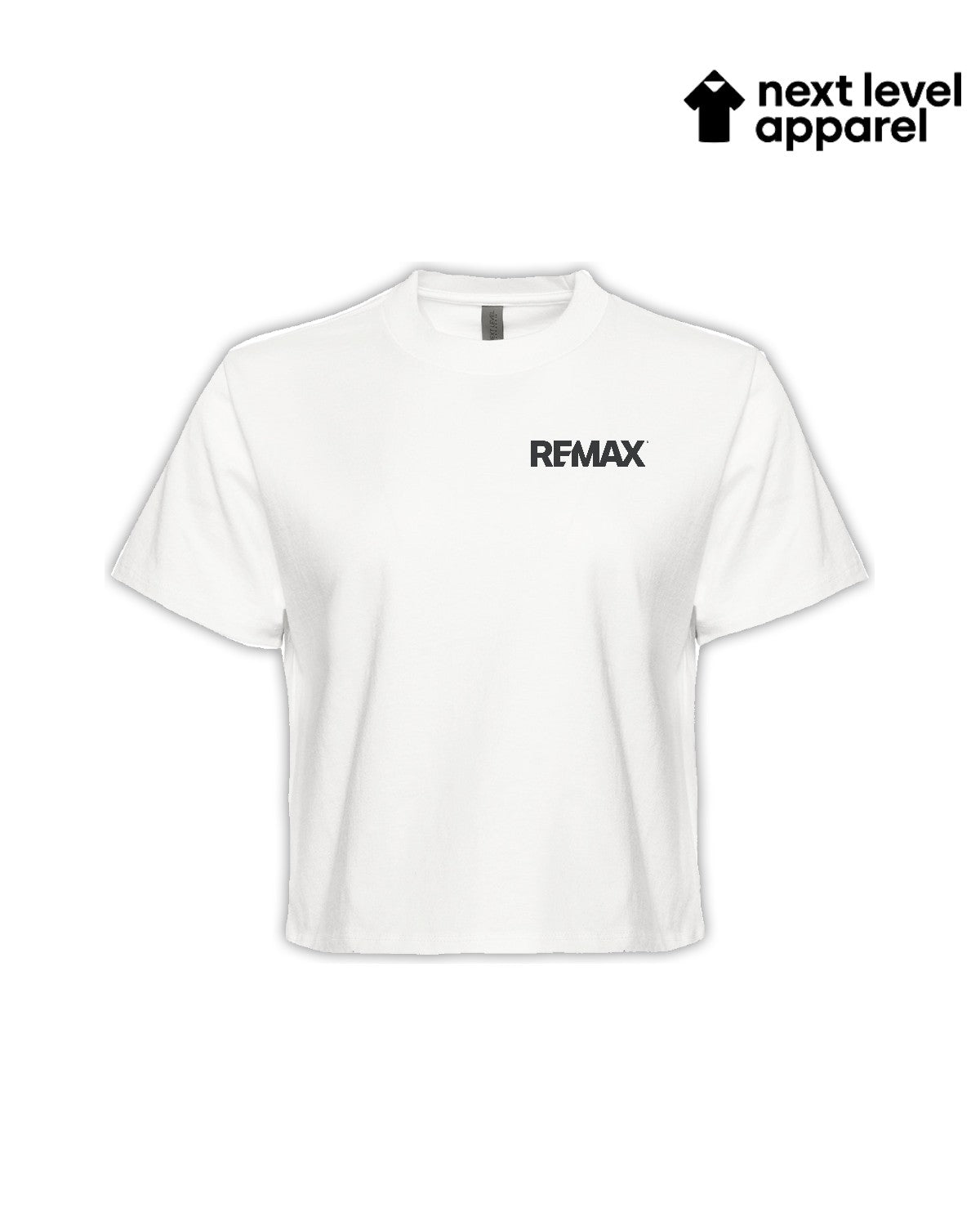 White t-shirt with 'REMAX' logo on a white background, branded as 'next level apparel'.