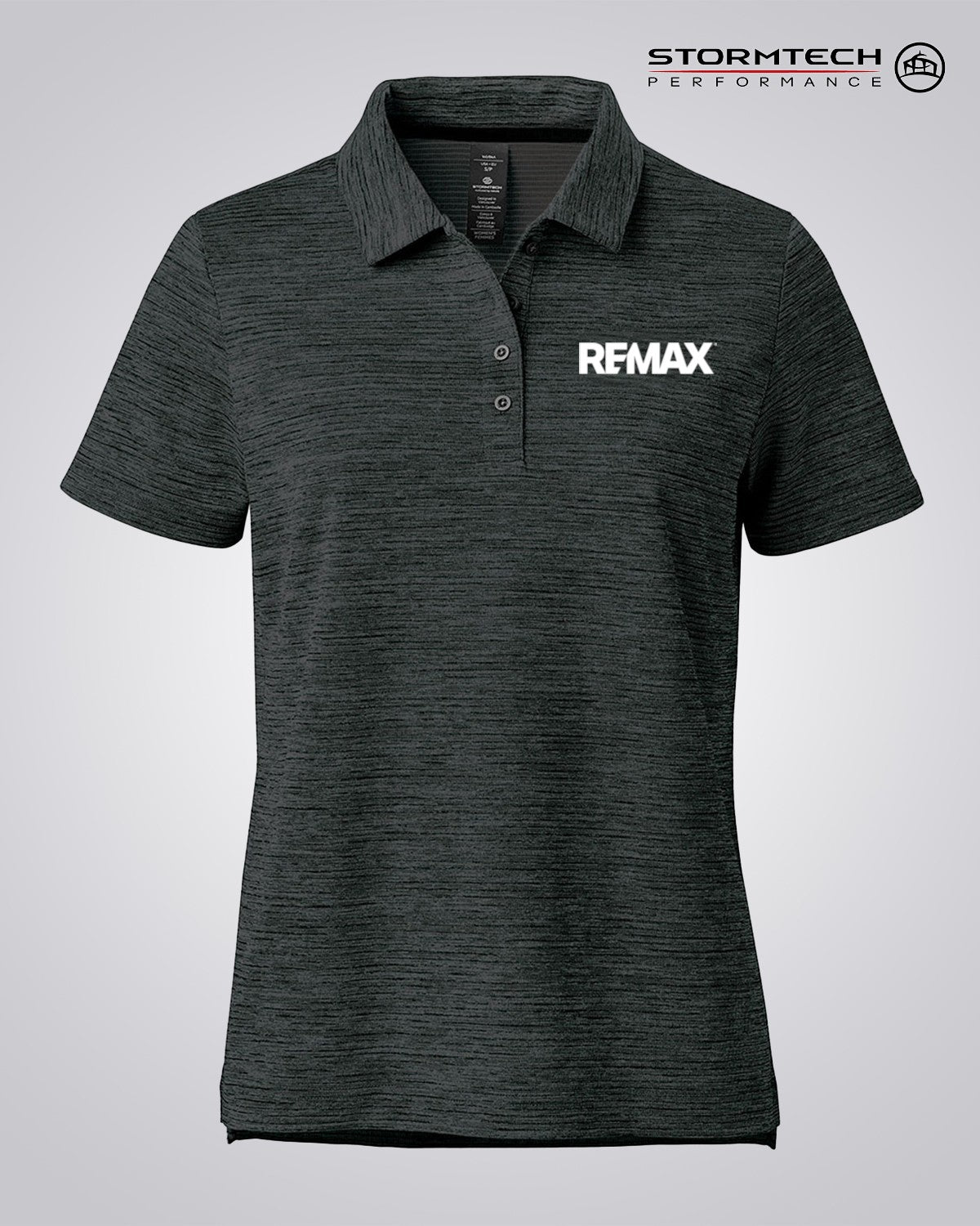 A dark heather gray short-sleeve polo shirt with a white REMAX logo on the left chest, displayed on a light gray gradient background with the Stormtech Performance logo in the top right corner.