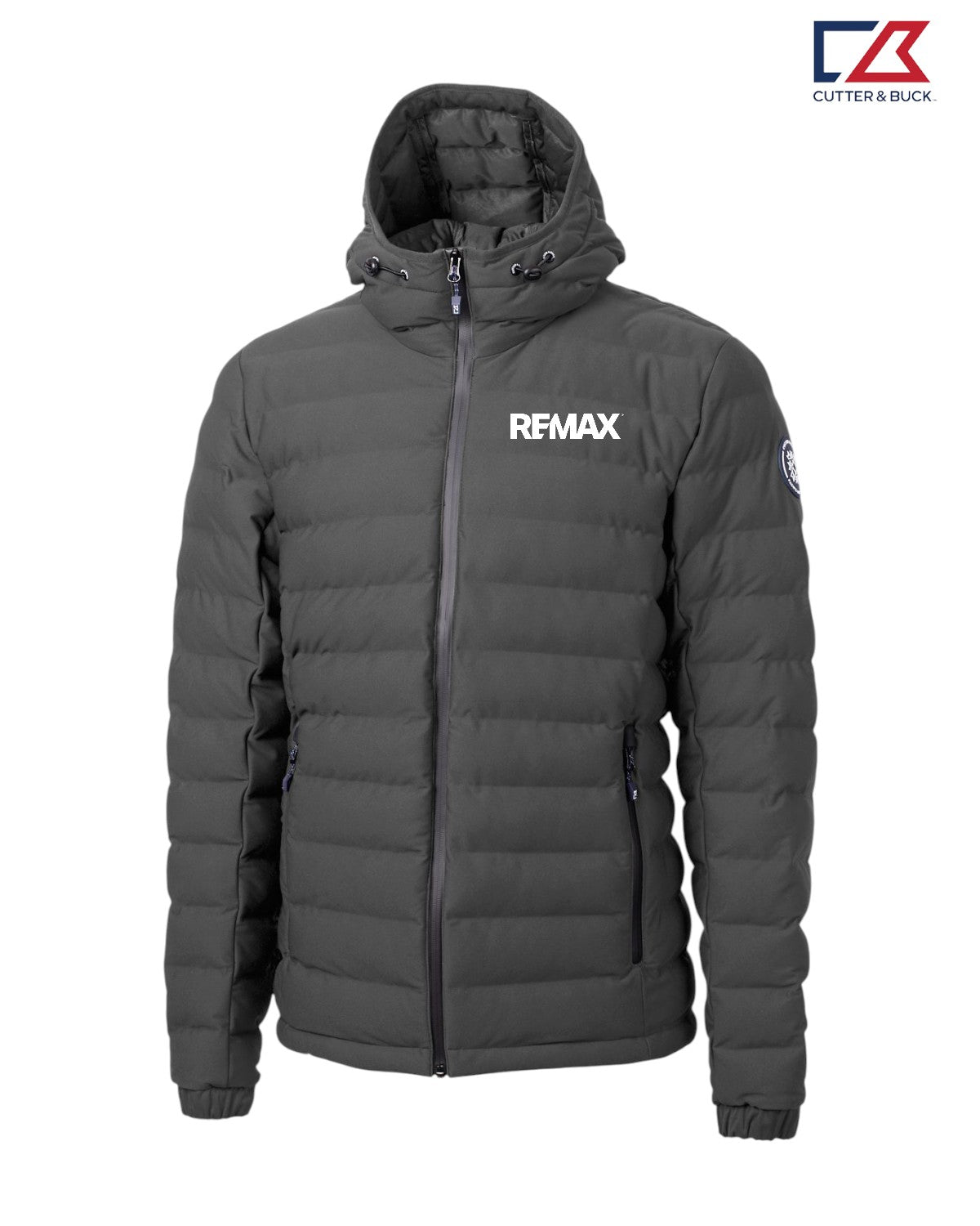 Gray puffer jacket with Remax logo on a white background
