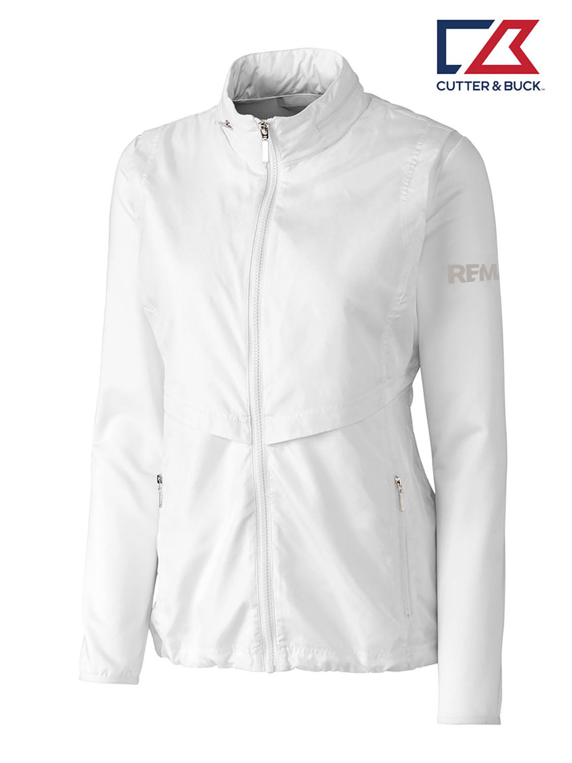 White jacket with 'Cutter & Buck' logo on a white background