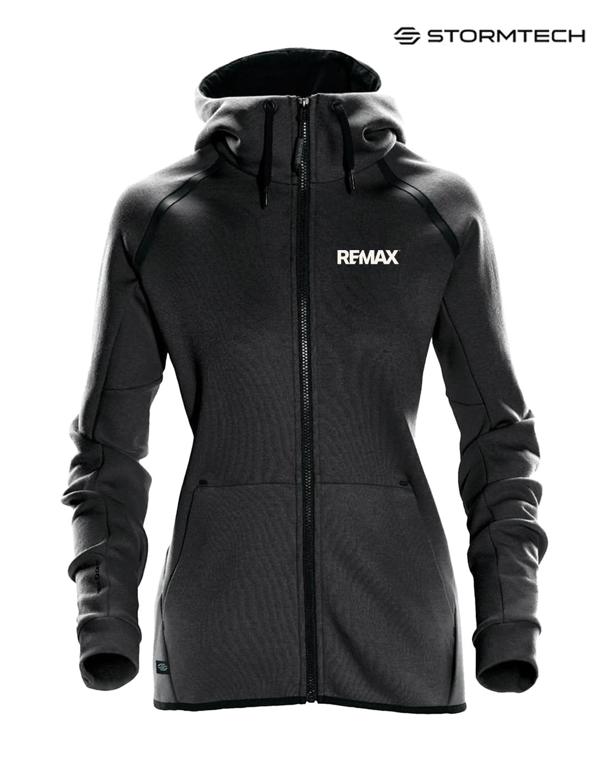 Black jacket with Remax logo on a white background, featuring Stormtech branding.