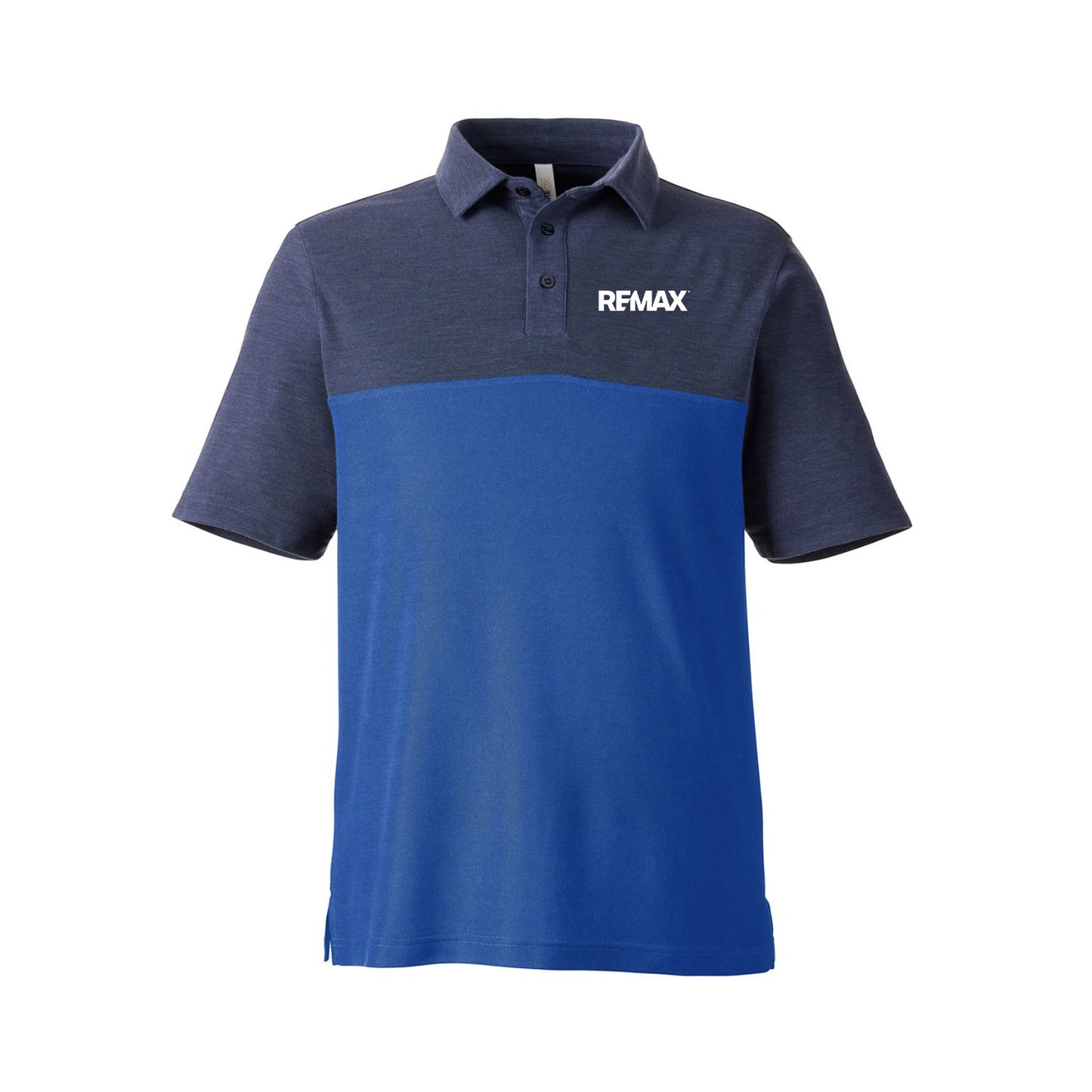 A short-sleeve polo shirt with a color-blocked design, featuring a heathered dark navy upper section and collar, and a solid royal blue lower section. The word 'REMAX' is printed in white on the left chest.