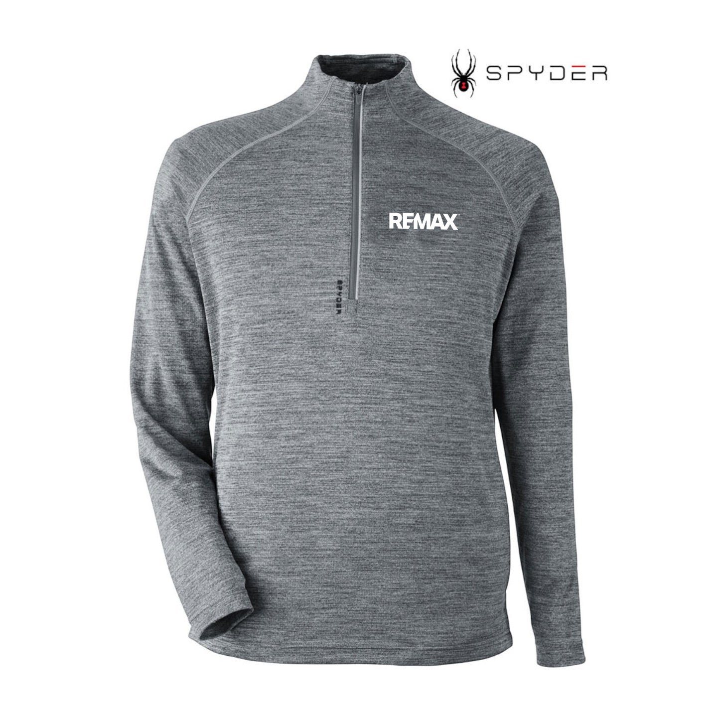 A gray heathered long-sleeve quarter-zip pullover with 'REMAX' printed in white on the left chest, displayed on a clean white background with the Spyder logo in the top right corner.