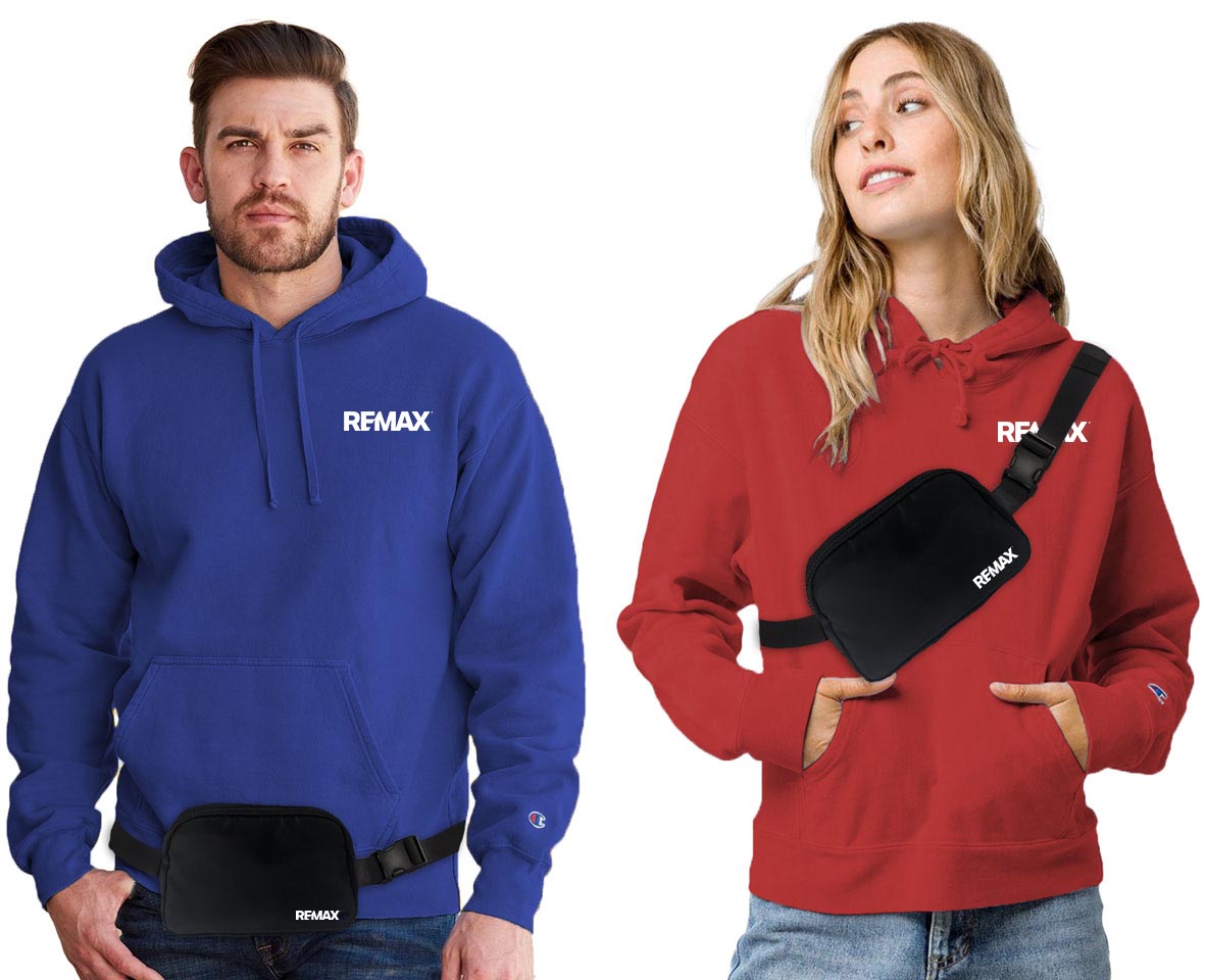 Two people wearing Remax branded hoodies and fanny packs on a white background