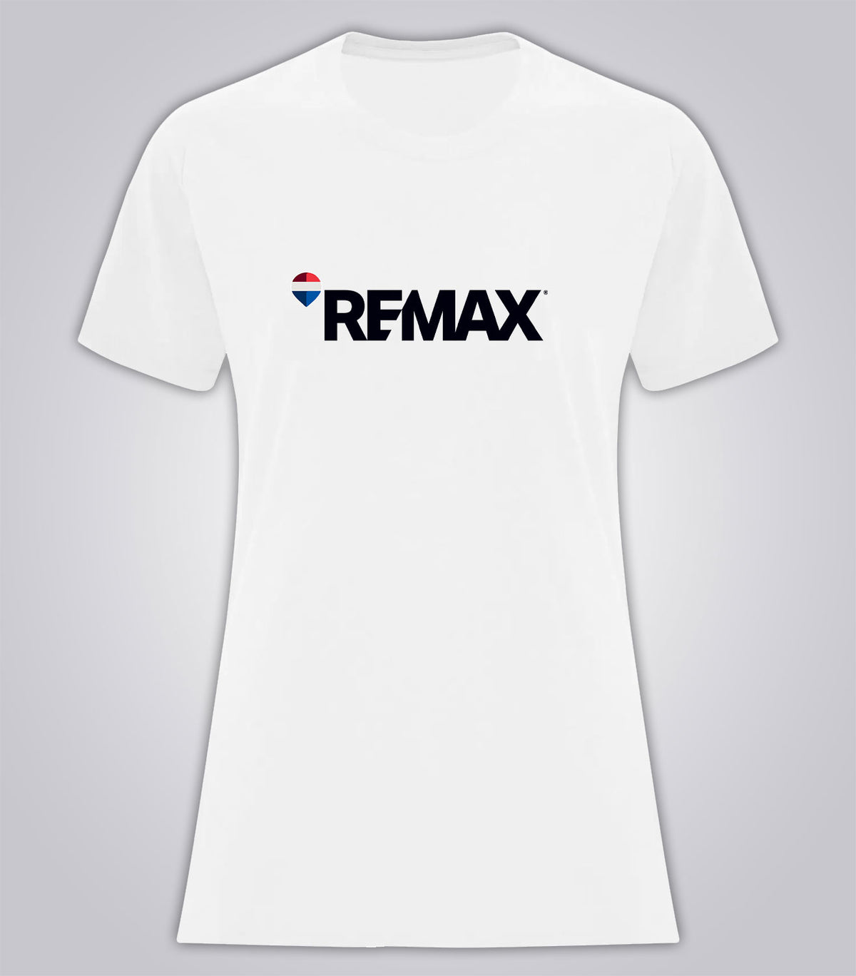 A white short-sleeve crewneck t-shirt featuring the black 'REMAX' logo with a small red, white, and blue shield icon on the chest, displayed against a neutral gray background.
