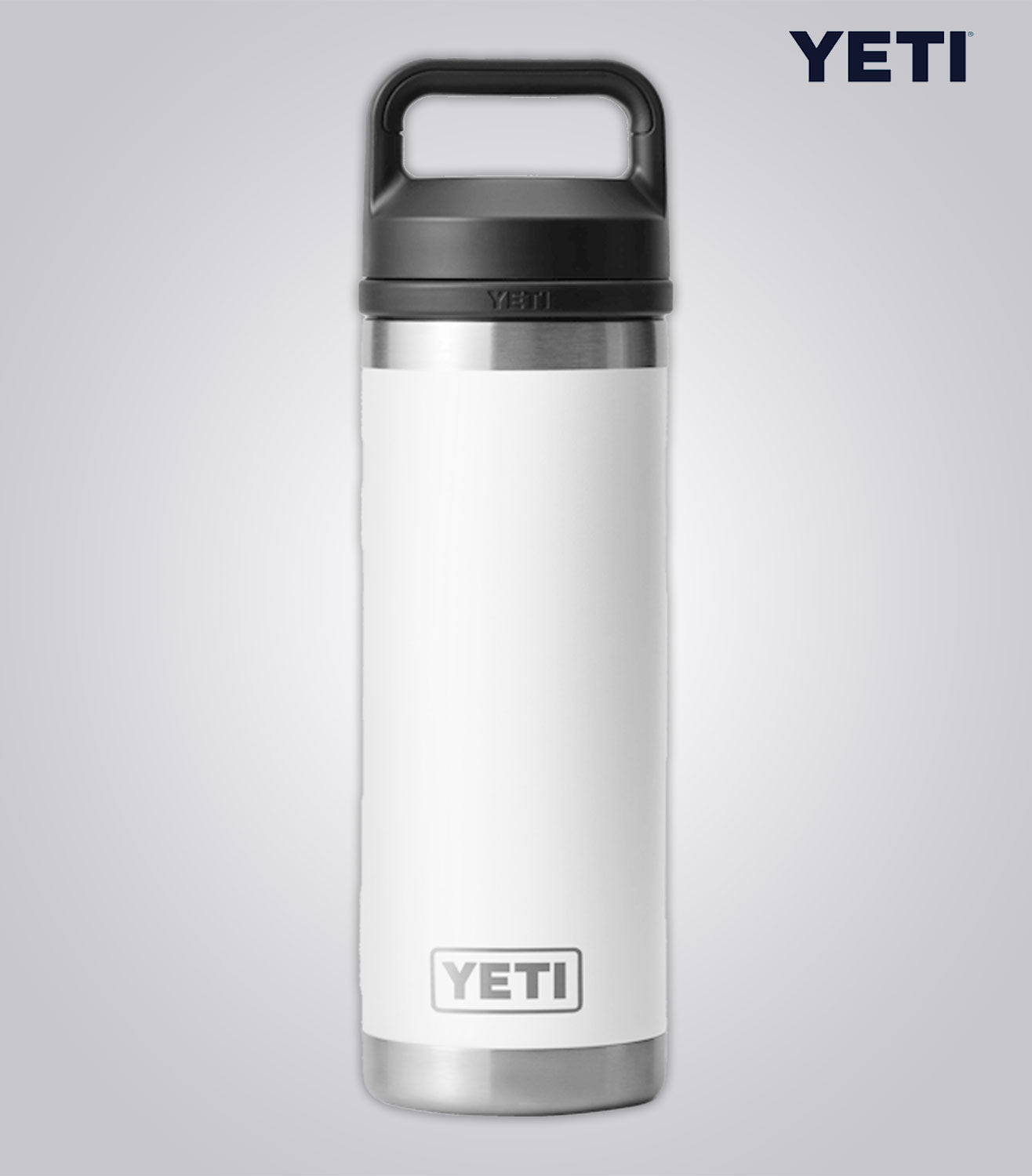 White YETI bottle with black lid on a light gray background