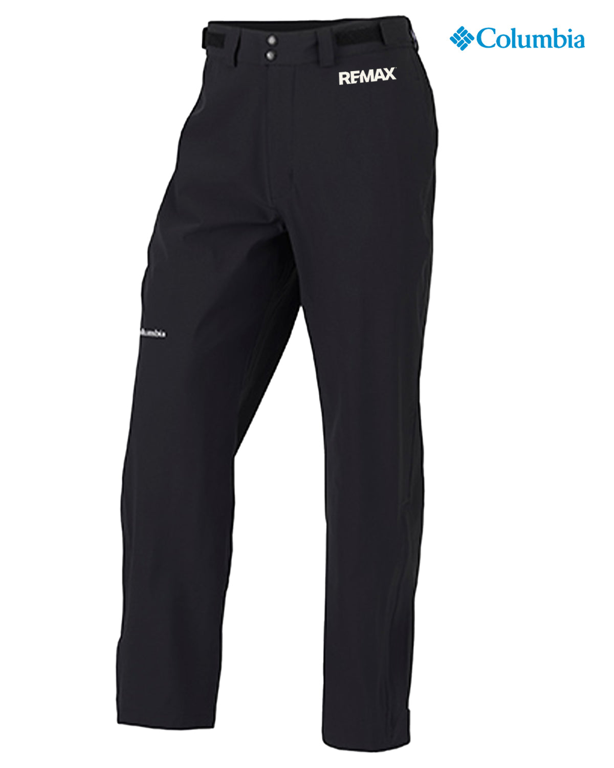 Black pants with 'REMAX' and 'Columbia' branding on a white background