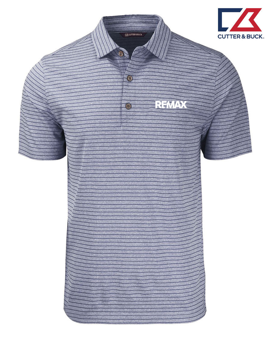A Cutter & Buck short-sleeve polo shirt in heathered blue and white horizontal stripes, featuring a white REMAX logo on the left chest, displayed on a clean white background with the Cutter & Buck logo in the top right corner.
