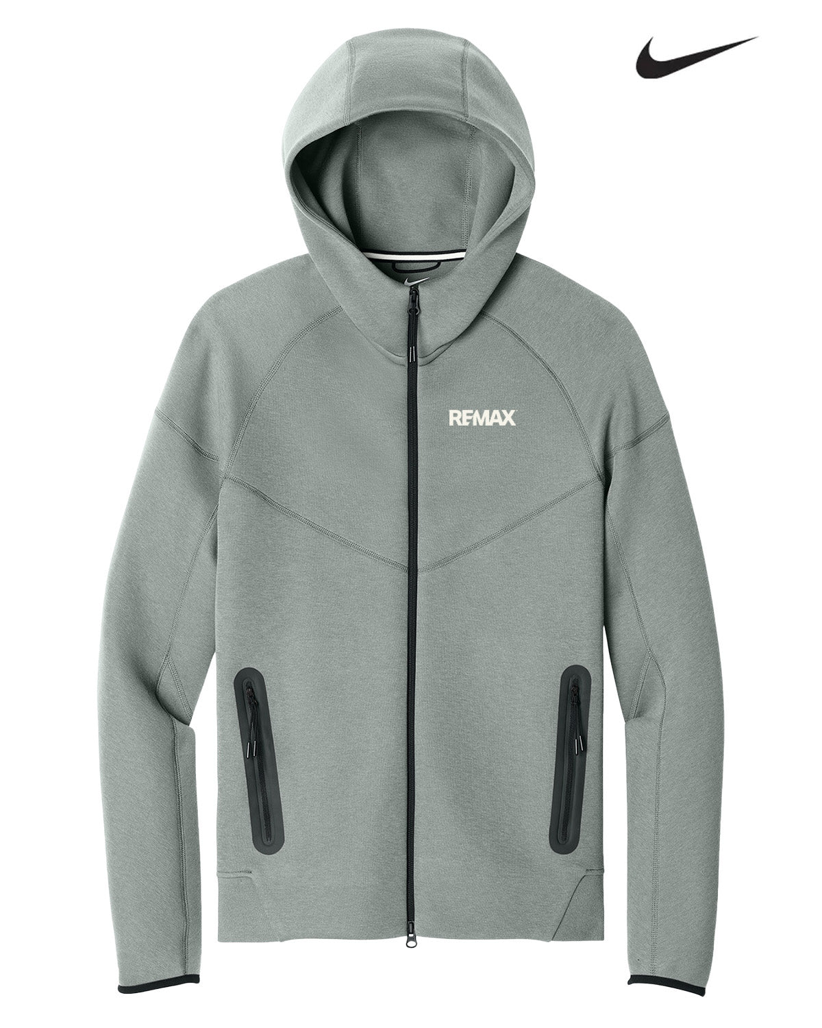 Gray hoodie with REMAX branding on a white background