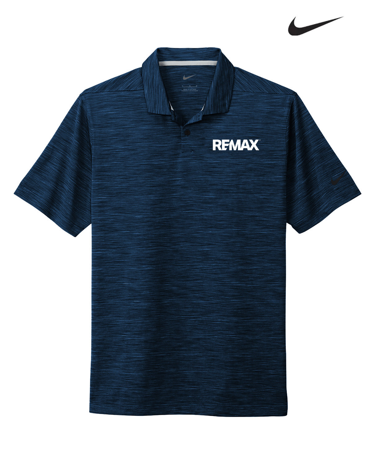 A dark navy blue heathered short-sleeve polo shirt with a white 'REMAX' logo printed on the left chest, displayed on a clean white background with a black Nike swoosh logo in the top right corner.