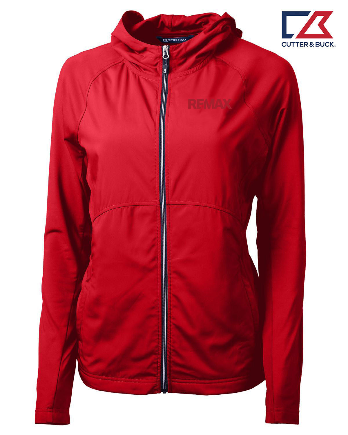 A red hooded zip-up jacket with a dark gray zipper and a dark gray 'REMIX' logo on the left chest, shown on a white background with the Cutter & Buck logo in the top right corner.