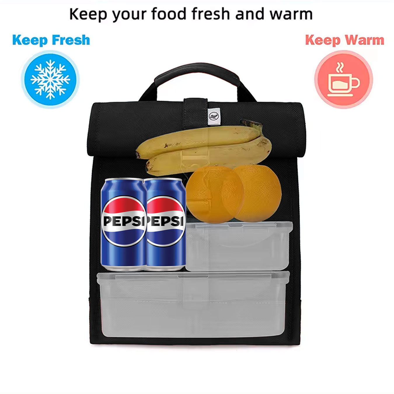 Black insulated lunch bag with food items and branding, featuring text 'Keep your food fresh and warm'.