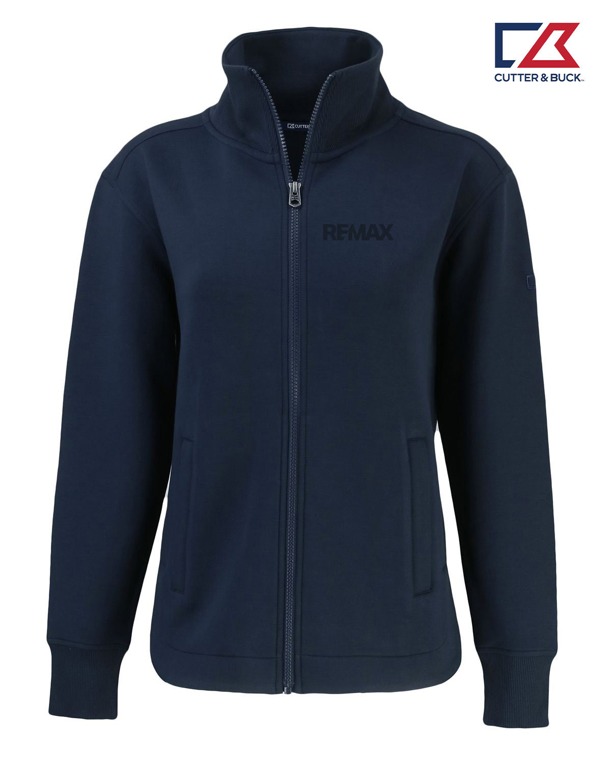 A navy blue zip-up fleece jacket with a stand-up collar, ribbed cuffs and hem, and side pockets. The brand name 'REMAX' is printed in dark gray on the left chest.