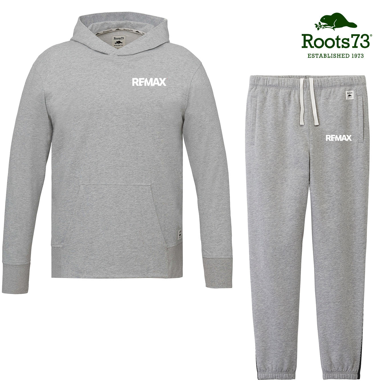 Gray hoodie and pants set with Remax branding on a white background, featuring Roots73 logo.