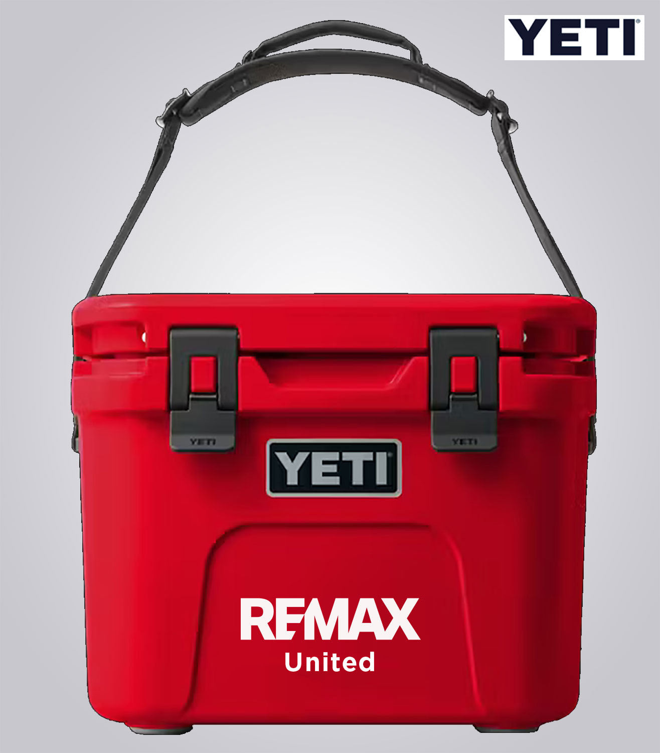 Red YETI cooler with Remax United branding on a gray background