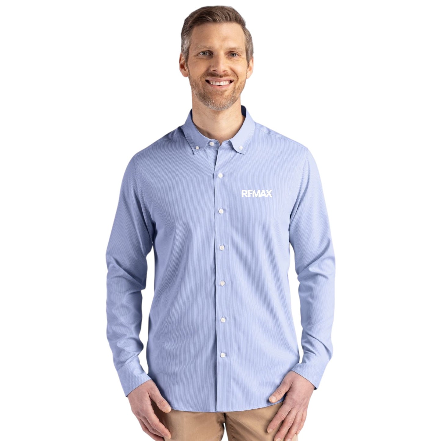 Cutter & Buck Skyline Recycled Pinstripe Mens Long Sleeve Button Down Dress Shirt - Brand Refresh - Embroidered