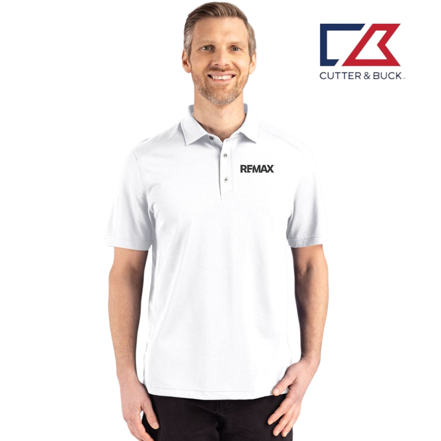 Man wearing a white polo shirt with Remax logo, standing against a white background with Cutter & Buck logo.