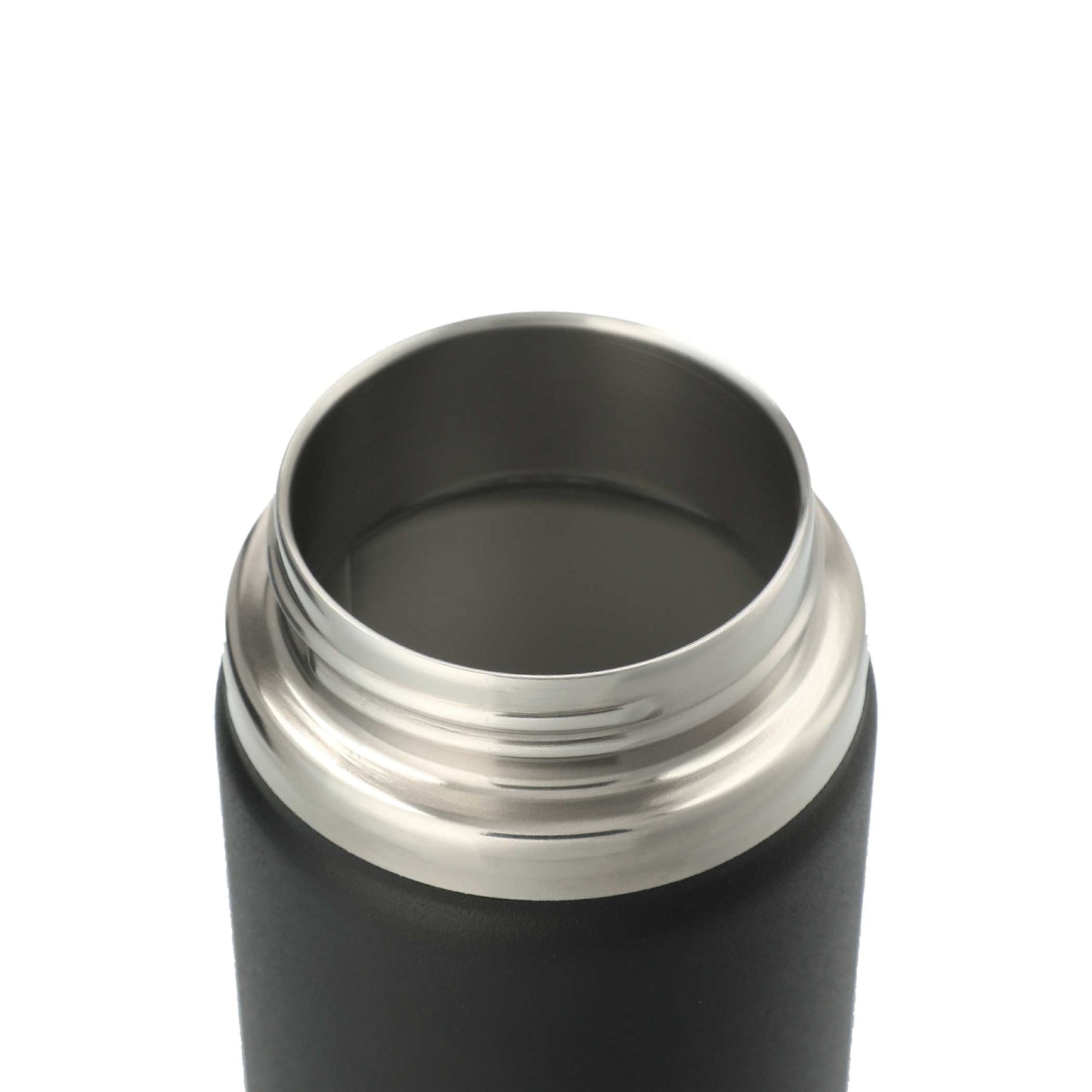 Black thermos with silver lid on a white background