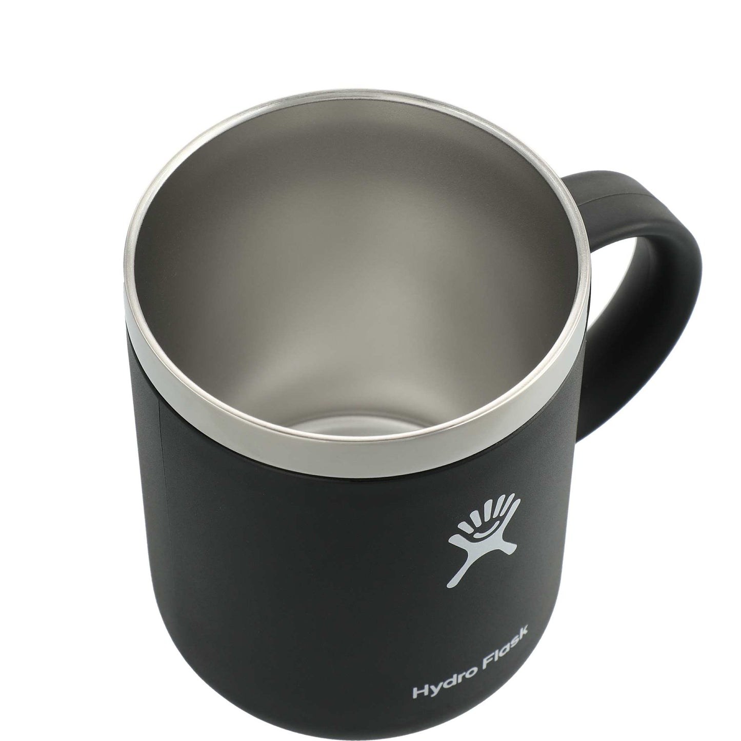 Black Hydro Flask mug with stainless steel interior on a white background