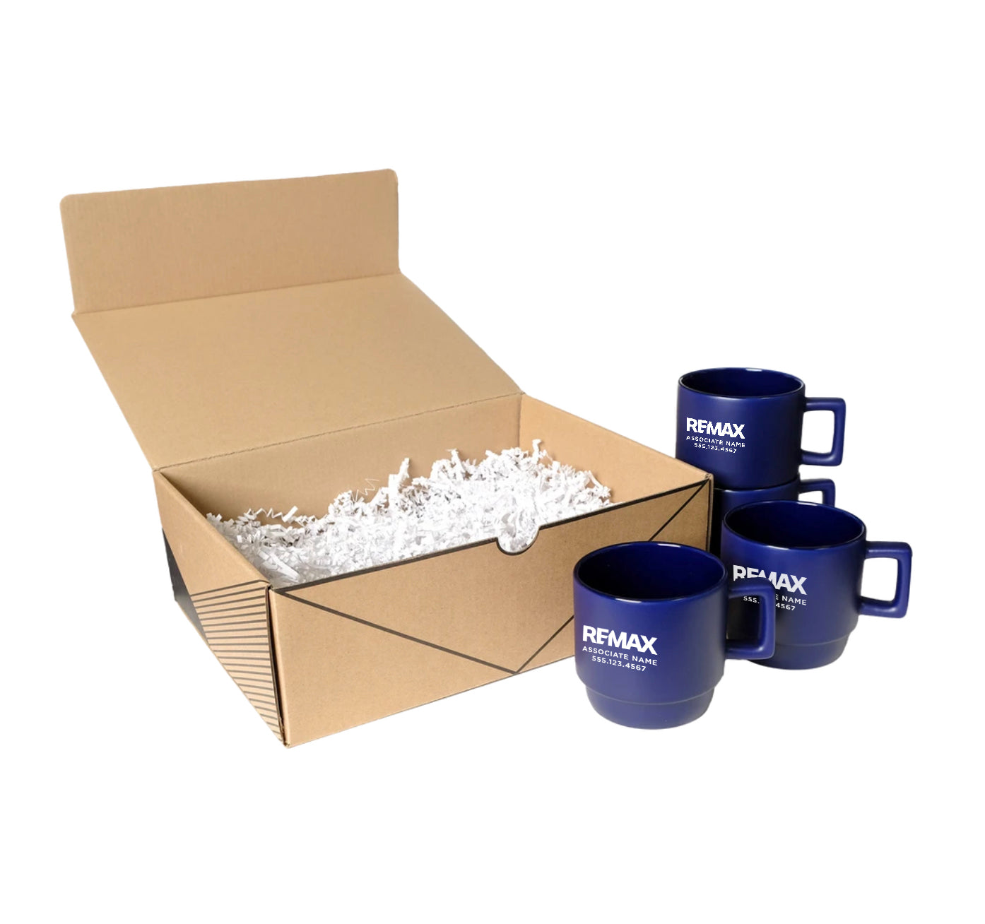 Three blue mugs with 'REMAX' branding in front of an open cardboard box filled with packing peanuts.
