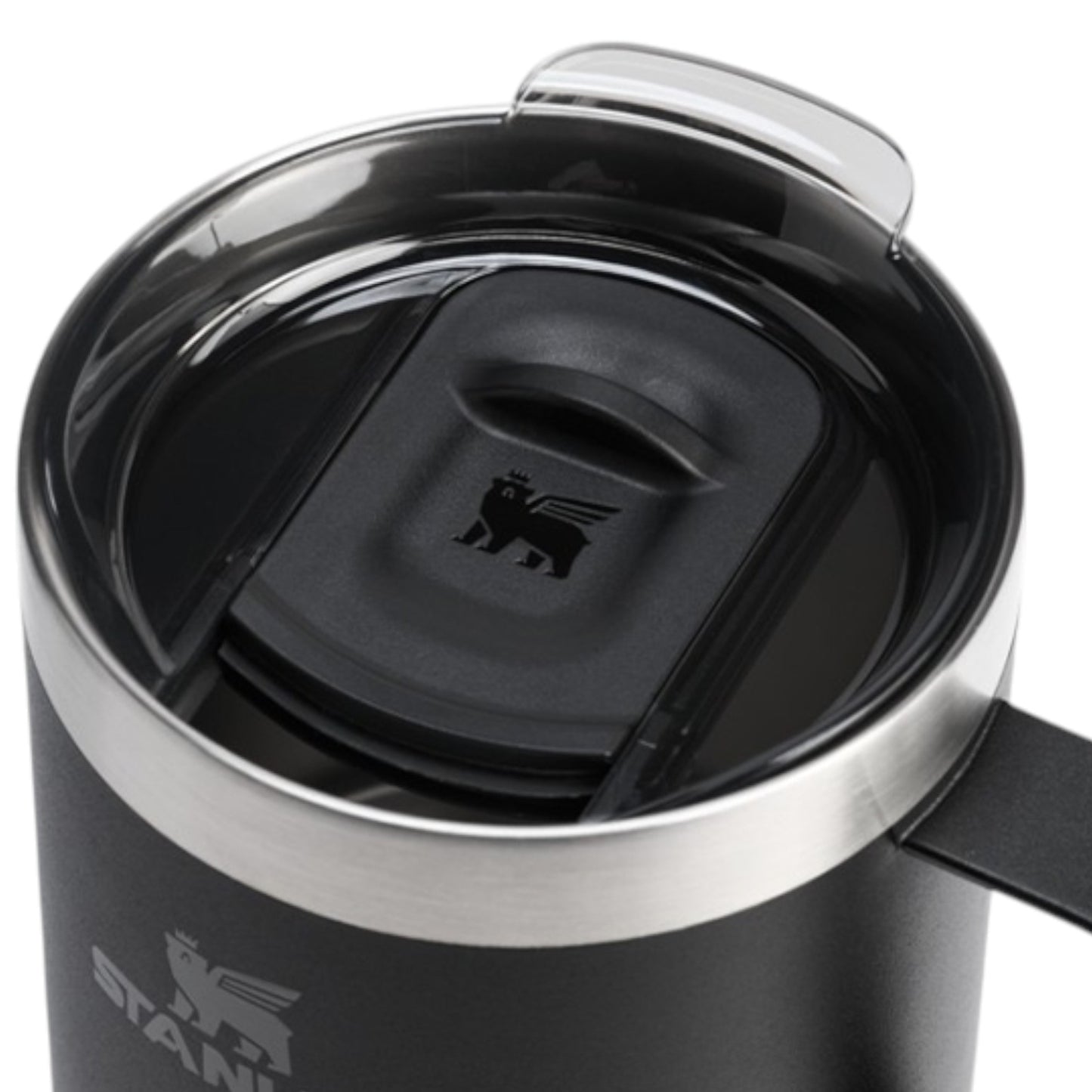 Black insulated mug with a silver lid and handle, featuring a brand logo on a white background.