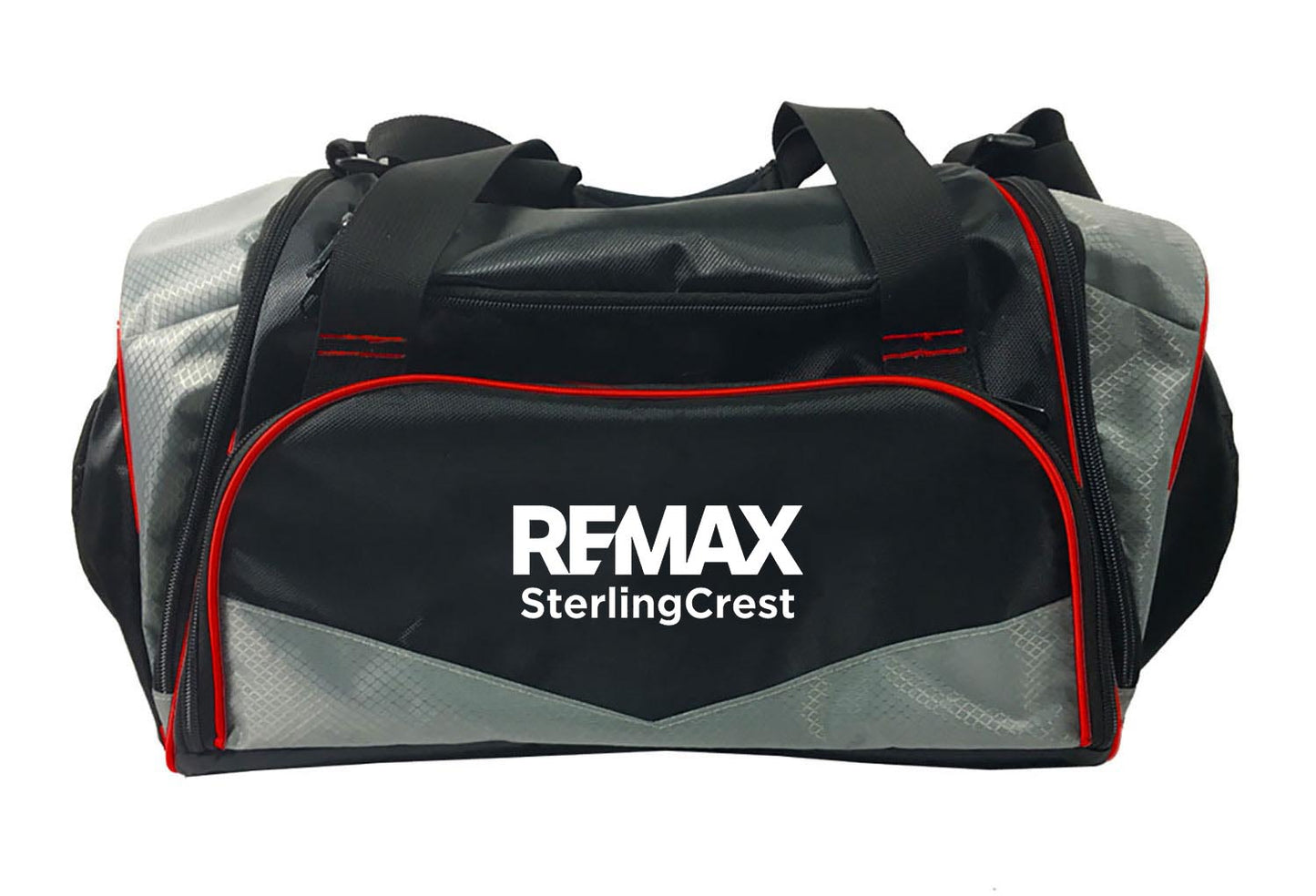 Black and gray duffel bag with REMAX SterlingCrest logo on a white background