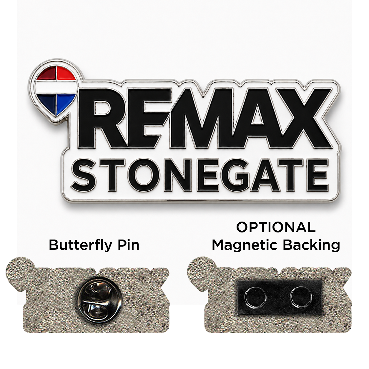 REMAX Stonegate butterfly pin with an optional magnetic backing on a white background