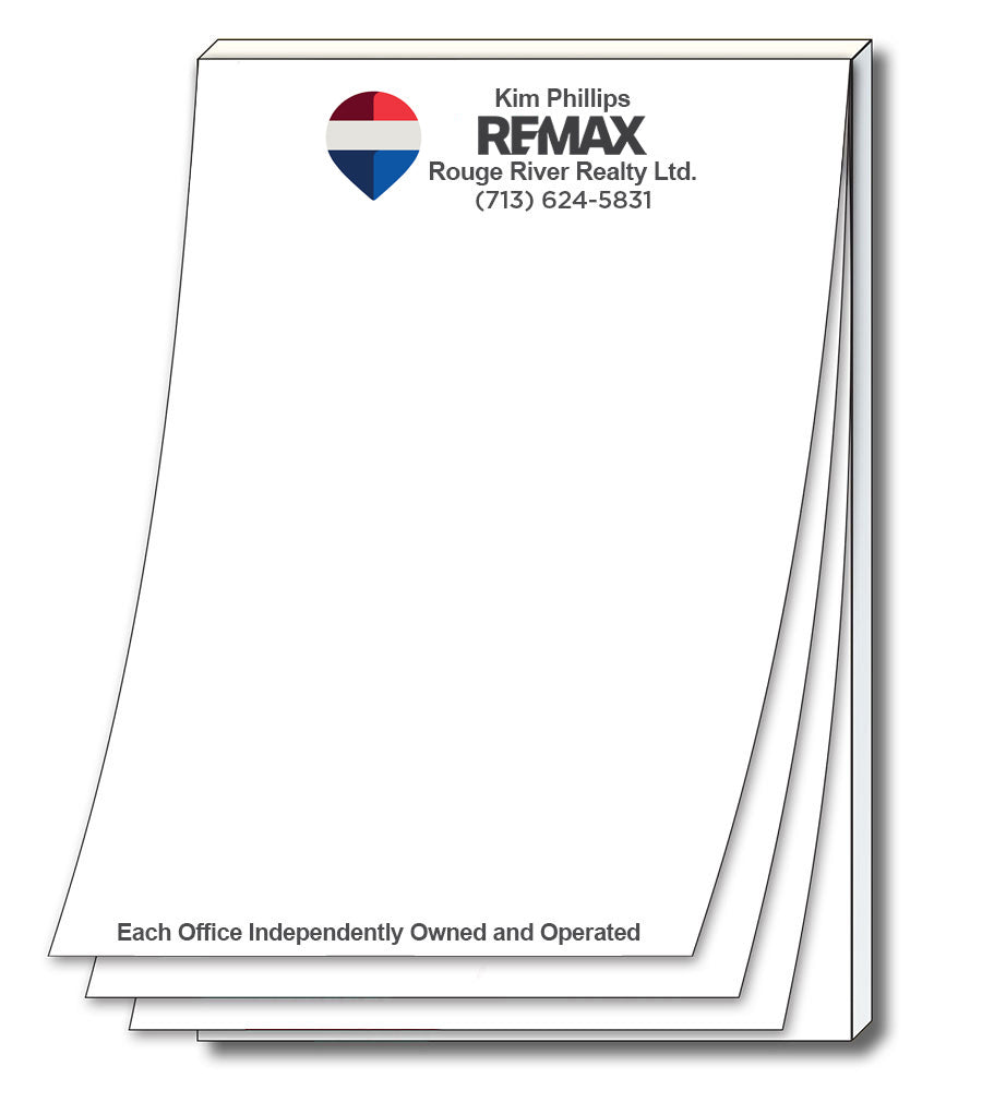 Stack of paper with REMAX logo and contact information on a white background