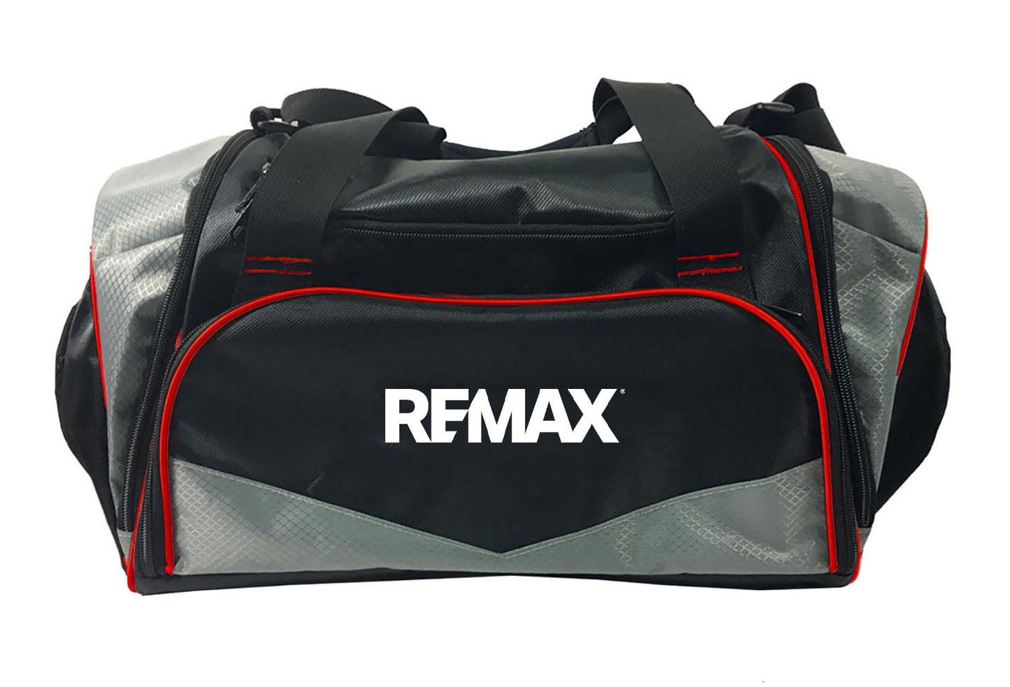 Black and gray duffel bag with red accents and REMAX logo on a white background