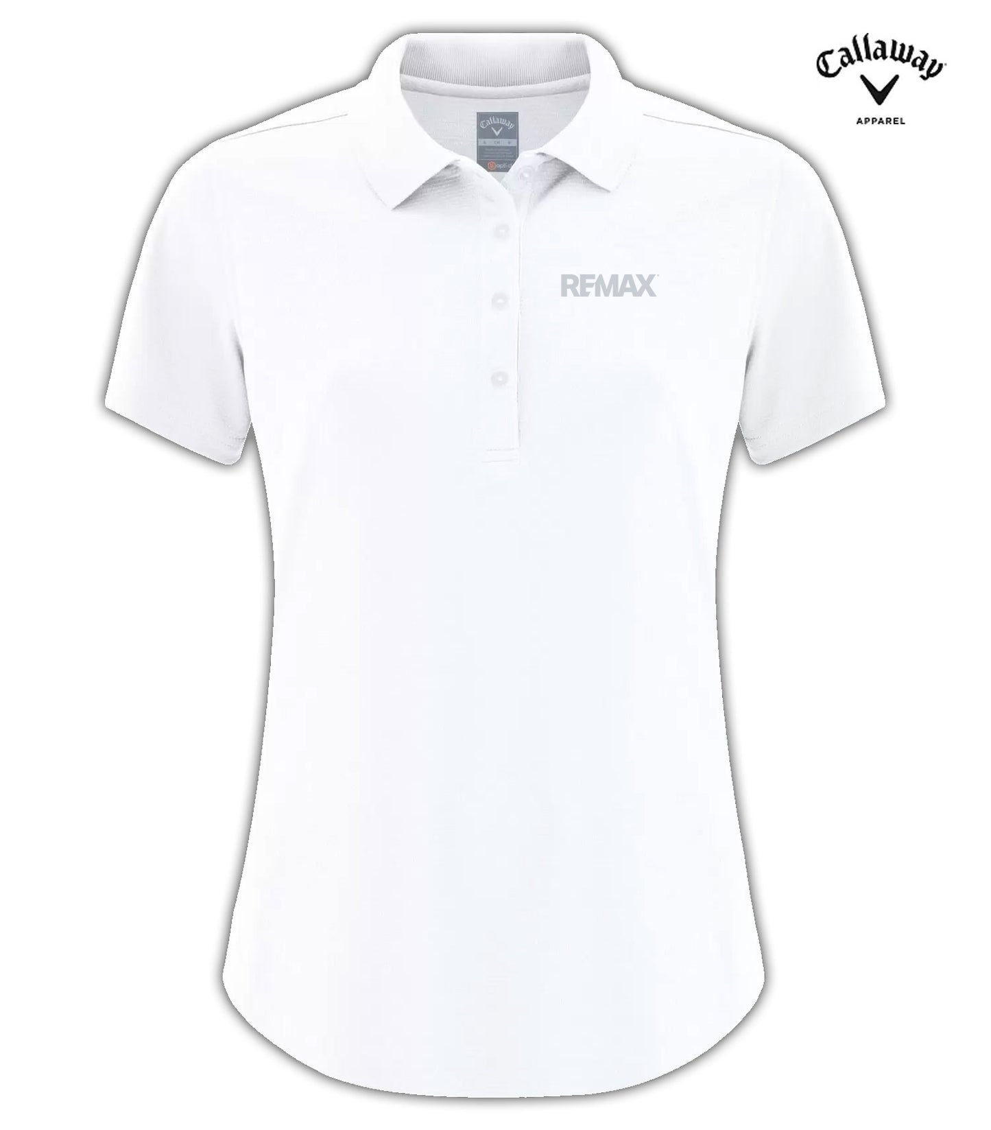 A white short-sleeve polo shirt with a collar and three-button placket, featuring the Callaway REMAX logo on the left chest. The Callaway Apparel brand logo is also shown in the top right corner.