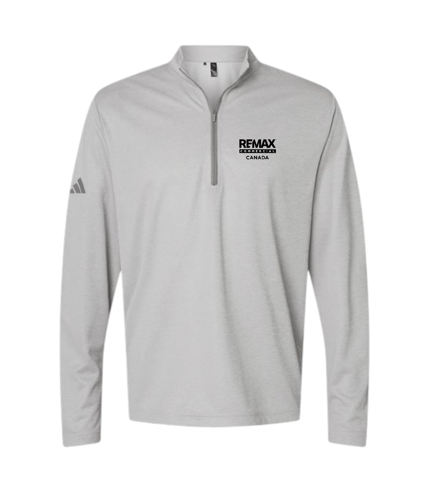 A light gray long-sleeve quarter-zip pullover with a black printed logo on the left chest reading 'REMAX BROKERS CANADA' and a black Adidas logo on the right sleeve, shown on a plain white background.