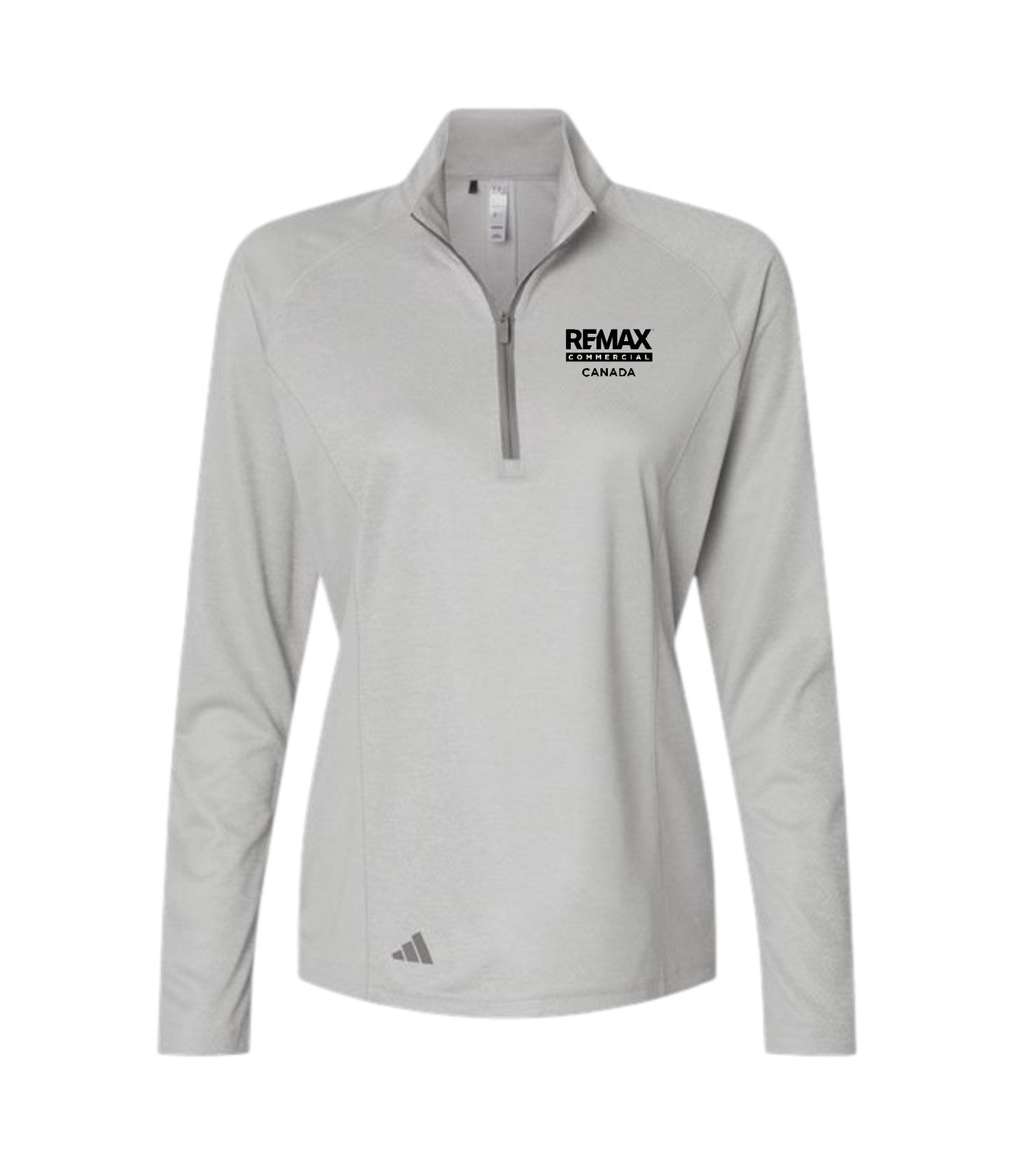 A light gray long-sleeve quarter-zip athletic pullover with a black 'REMAX REALESTATE CANADA' logo on the left chest and a small Adidas logo near the bottom hem, shown on a plain white background.