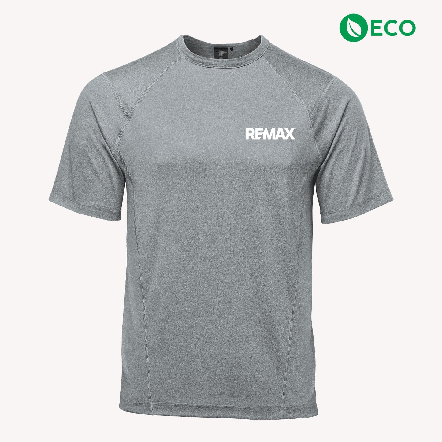 A gray short-sleeve athletic t-shirt with the brand name 'REMAX' printed in white on the left chest, displayed on a clean off-white background with an 'ECO' leaf logo in the top right corner.