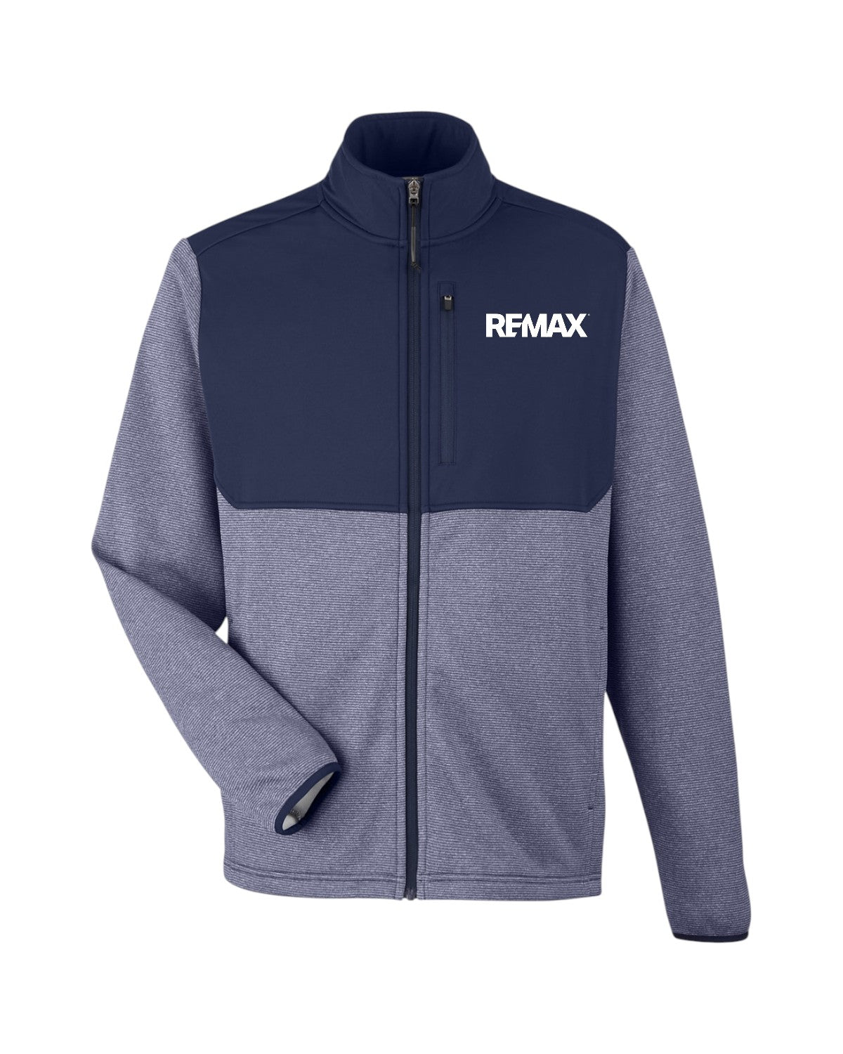 Two-tone gray and navy jacket with REMAX logo on a white background