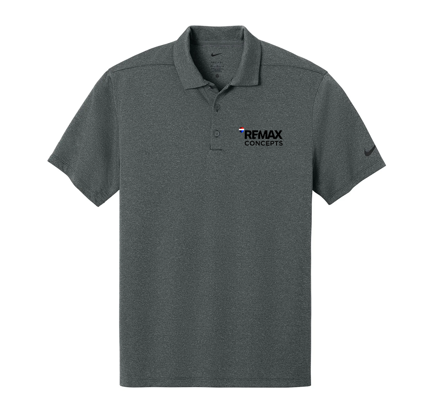 A dark heather gray short-sleeve polo shirt with a two-button placket. The left chest features a black 'REMAX CONCEPTS' logo with a small red and blue accent, and a black Nike swoosh is visible on the right sleeve.