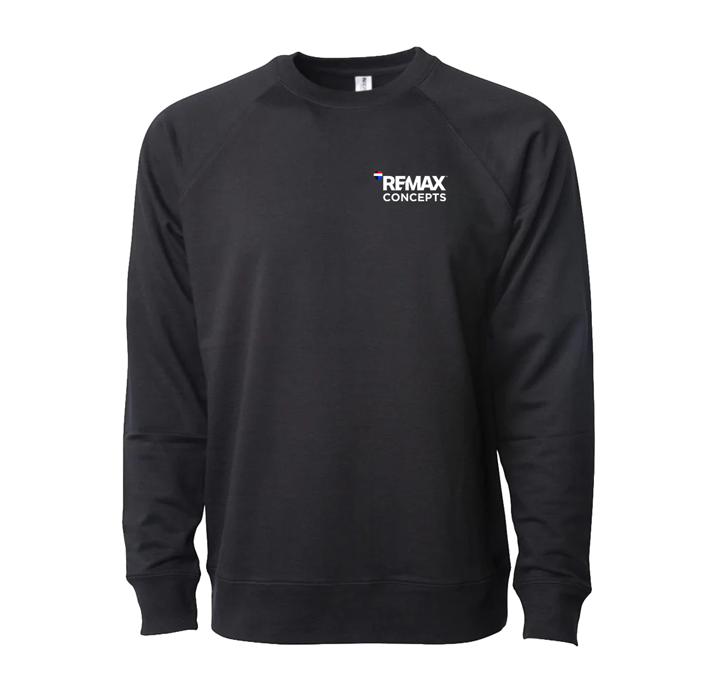 A black long-sleeve crewneck sweatshirt with a small white and red 'REMAX CONCEPTS' logo on the left chest, displayed on a clean white background.