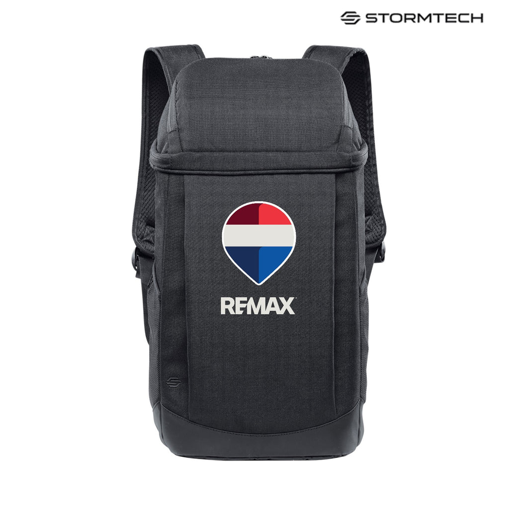 Black backpack with REMAX logo on a white background