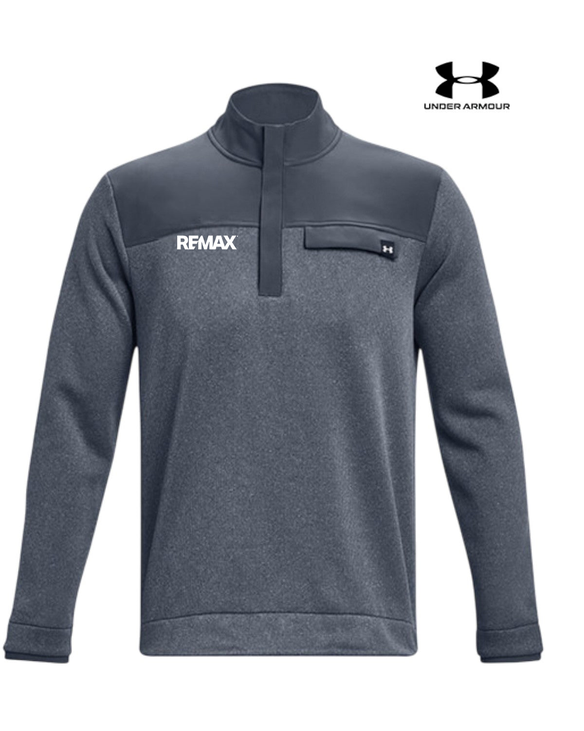 A dark gray heathered quarter-zip pullover sweatshirt with dark gray shoulder panels, featuring the white 'REMAX' logo on the left chest and the Under Armour logo on the right chest pocket, shown on a plain white background with a brand logo overlay in the top right.