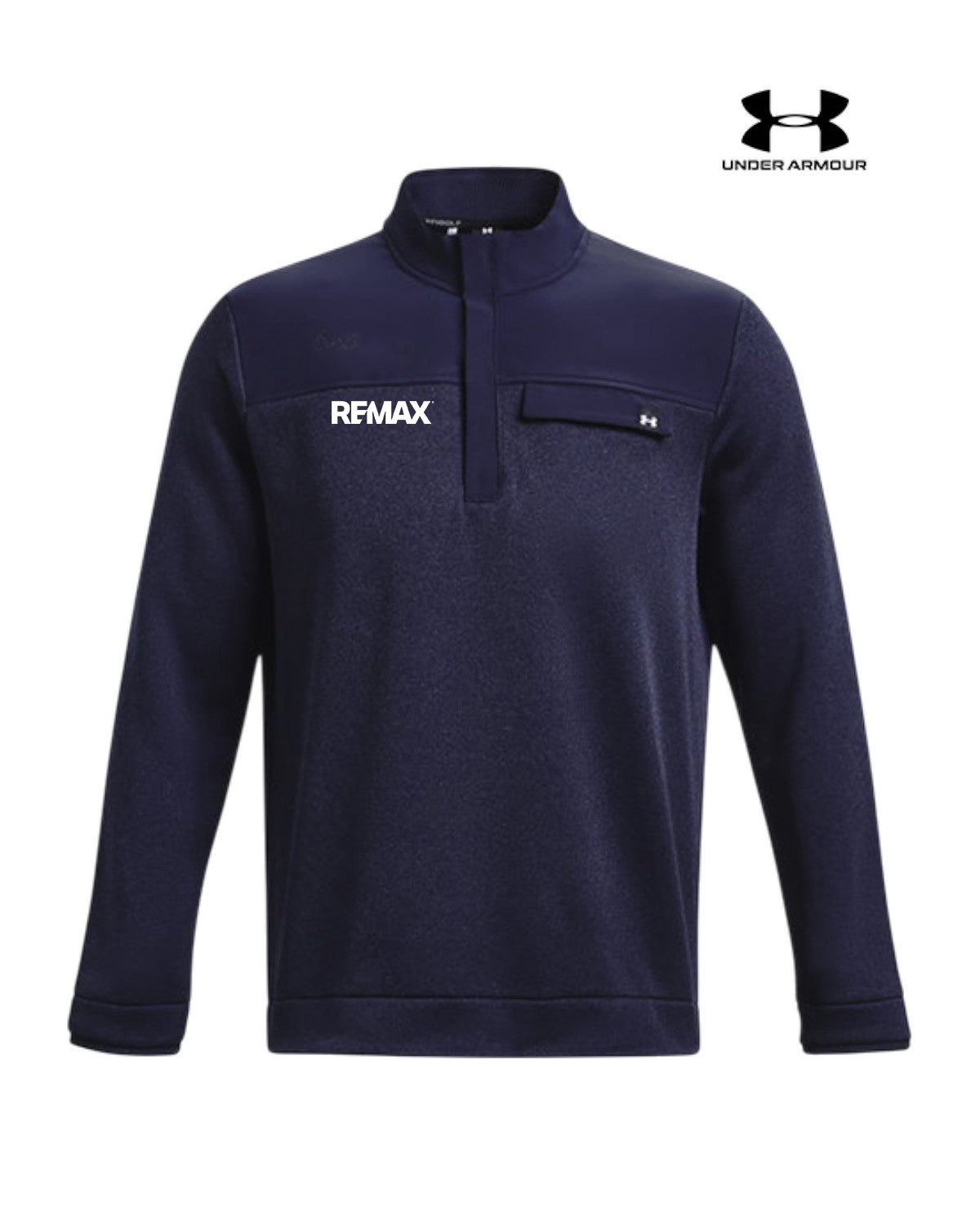 A navy blue Under Armour quarter-zip pullover sweatshirt with a white 'REMAX' logo on the left chest and a small Under Armour logo on the chest pocket, shown on a plain white background with a brand logo overlay in the top right.