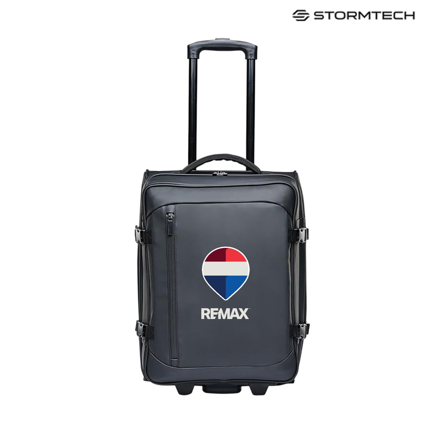 Gray suitcase with Remax logo on a white background