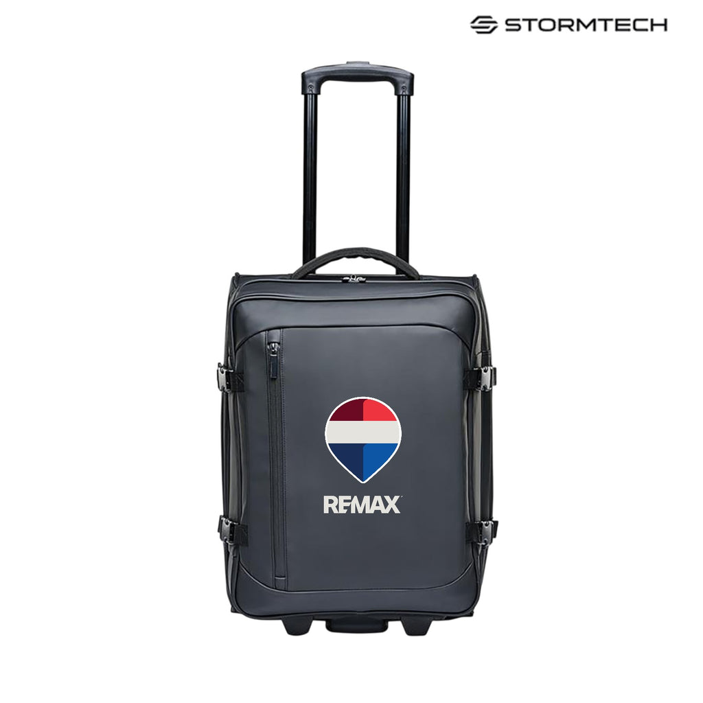 Gray suitcase with Remax logo on a white background