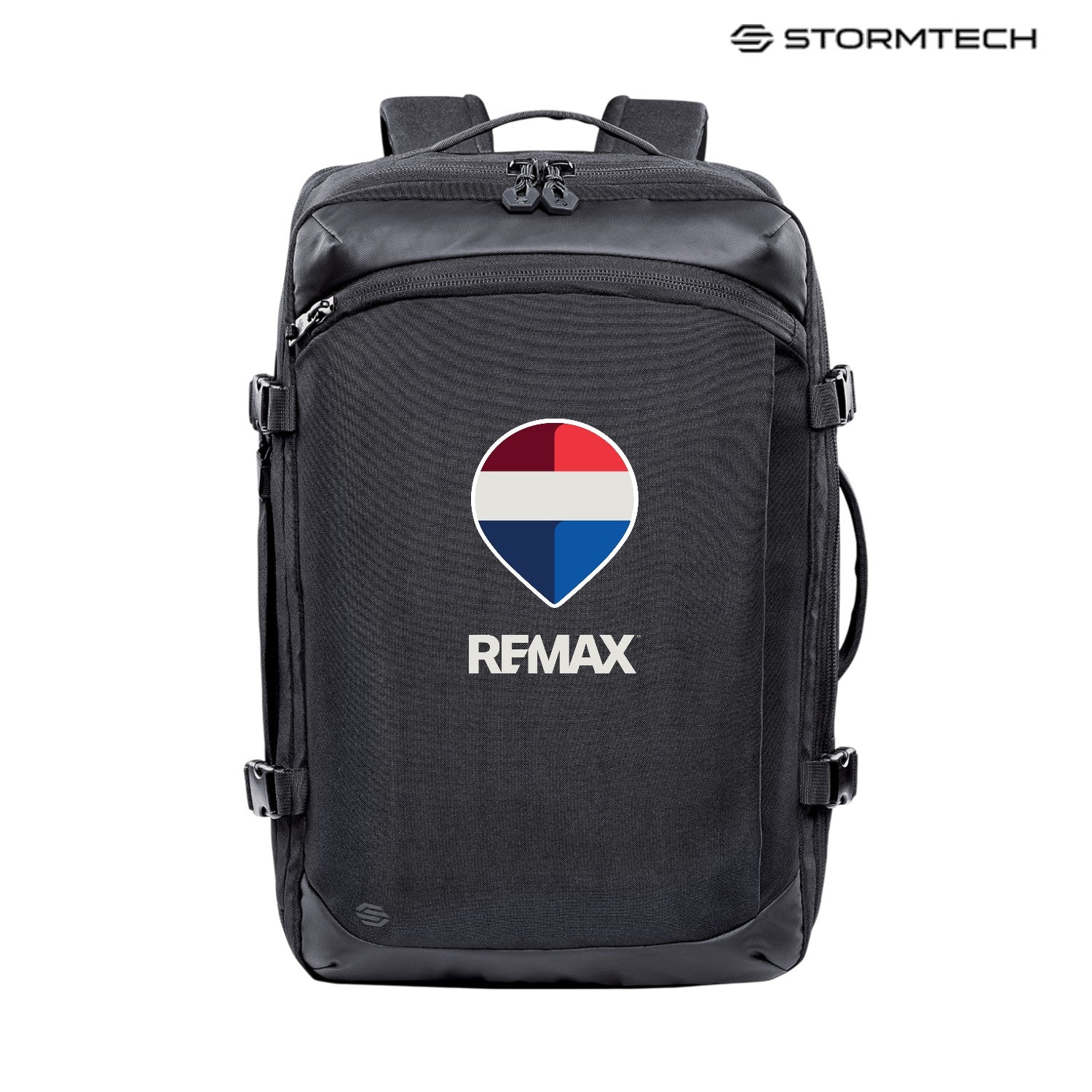 Black backpack with REMAX logo on a white background