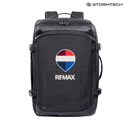Black backpack with REMAX logo on a white background