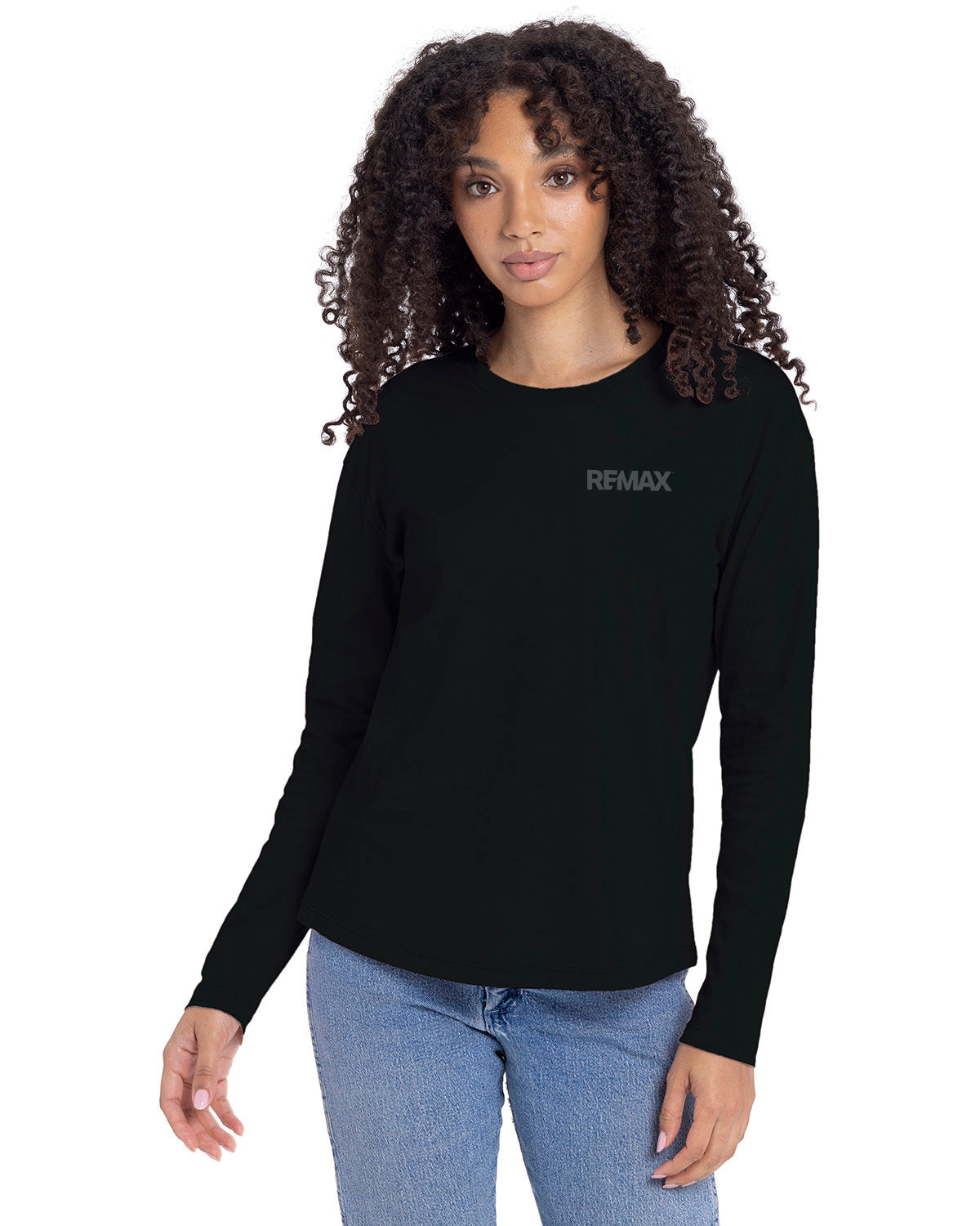 Woman wearing a black long-sleeve shirt with 'REMAX' logo on a white background