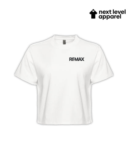 White t-shirt with 'REMAX' logo on a white background, branded as 'next level apparel'.