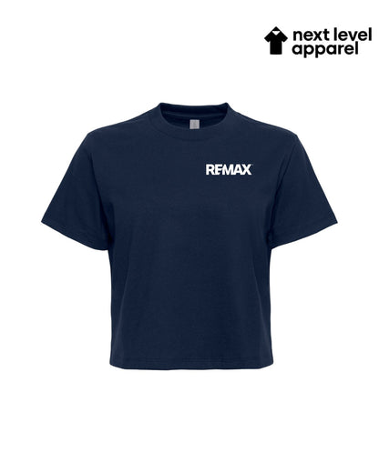 Navy blue t-shirt with 'REMAX' logo on a white background, branded as 'next level apparel'.