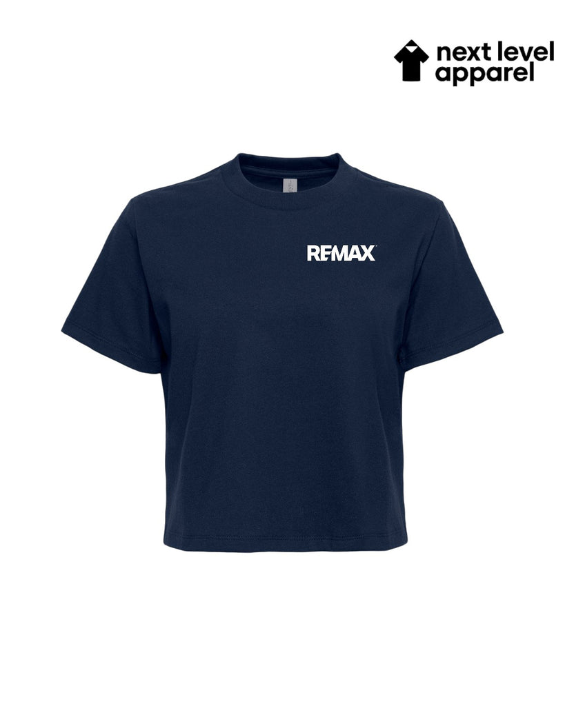 Navy blue t-shirt with 'REMAX' logo on a white background, branded as 'next level apparel'.