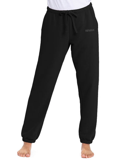 Black sweatpants with a brand logo on a white background