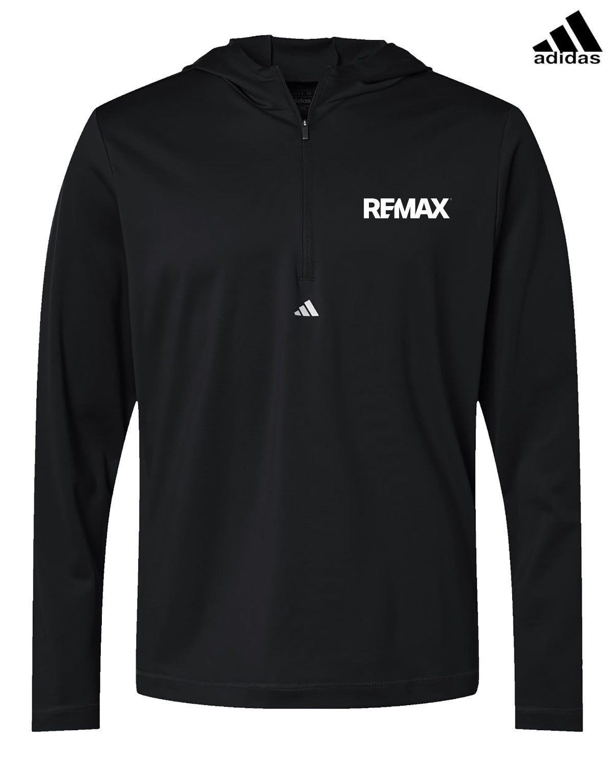 Black hoodie with Adidas and REMAX logos on a white background