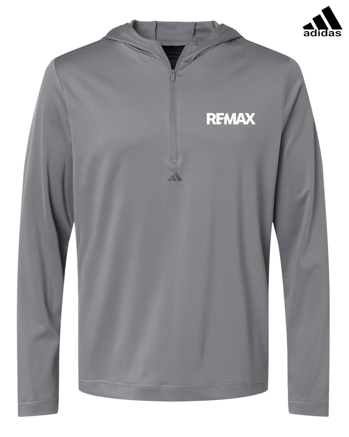 Gray hoodie with Adidas and REMAX logos on a white background